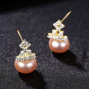 •Exquisite Natural Pearl S925 Sterling Silver Crown Earrings accent Zircon Stone